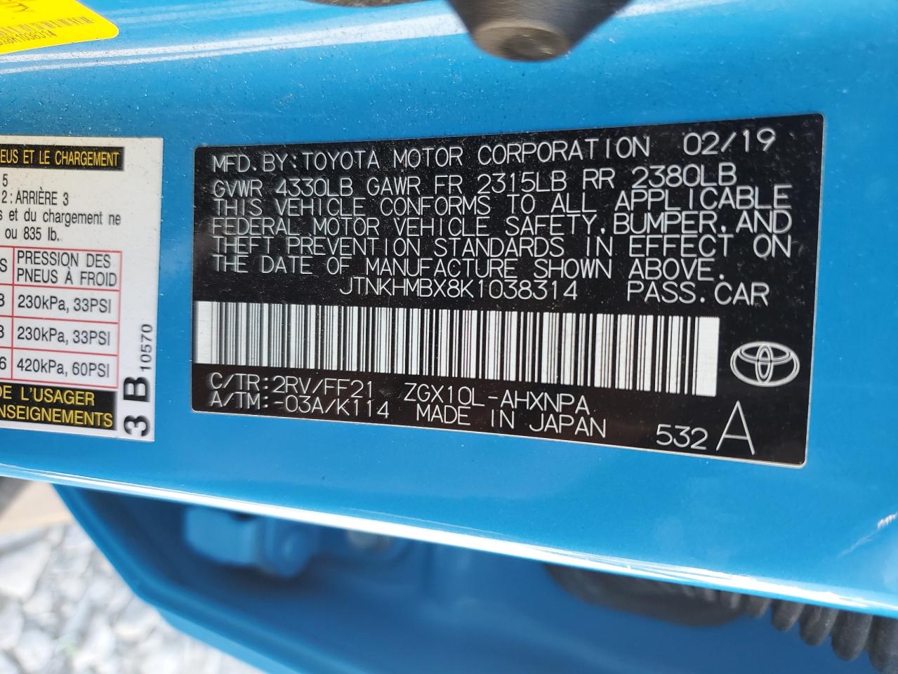2019 Toyota C-Hr Xle VIN: JTNKHMBX8K1038314 Lot: 70941255