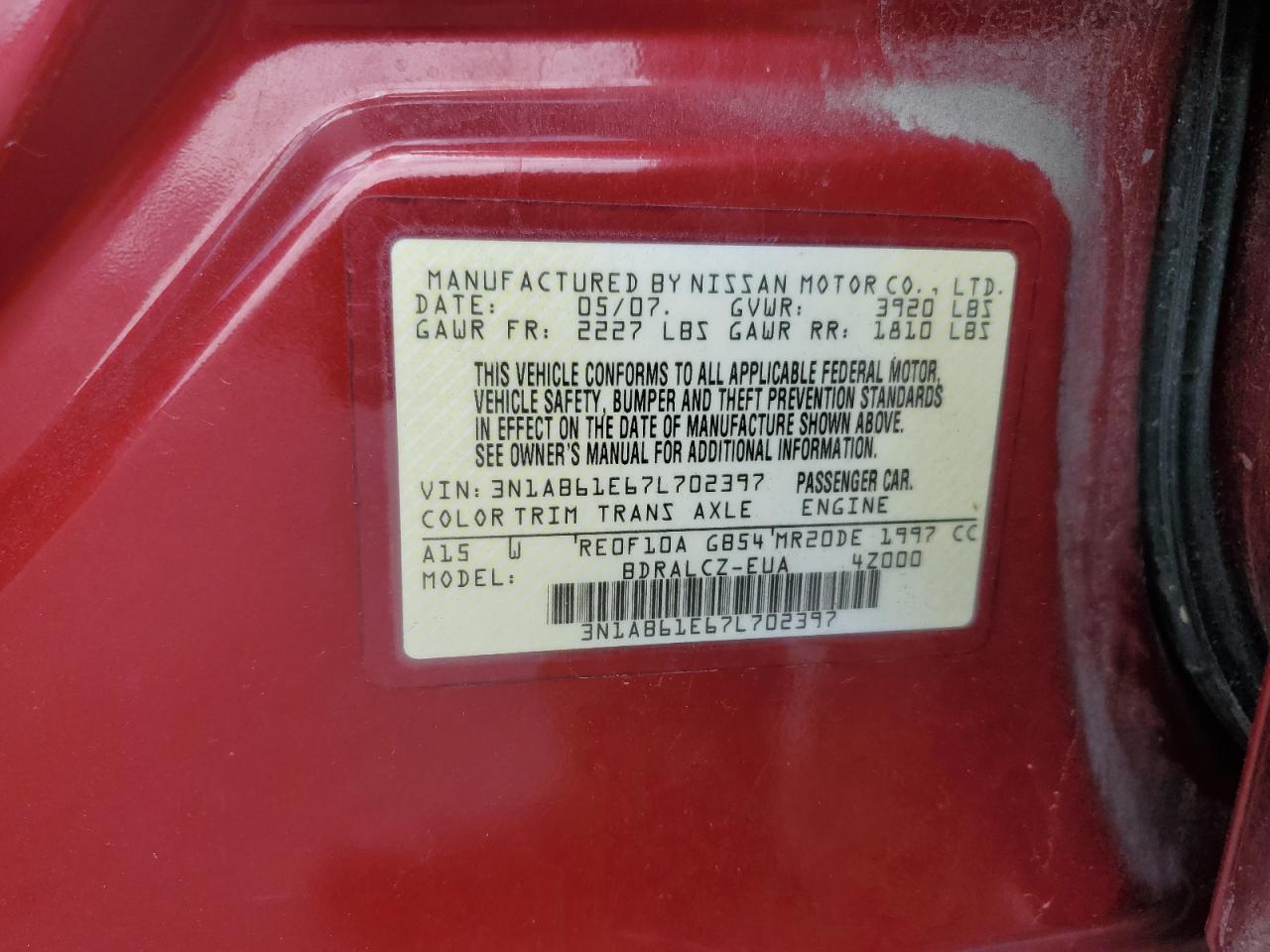 2007 Nissan Sentra 2.0 VIN: 3N1AB61E67L702397 Lot: 70122955