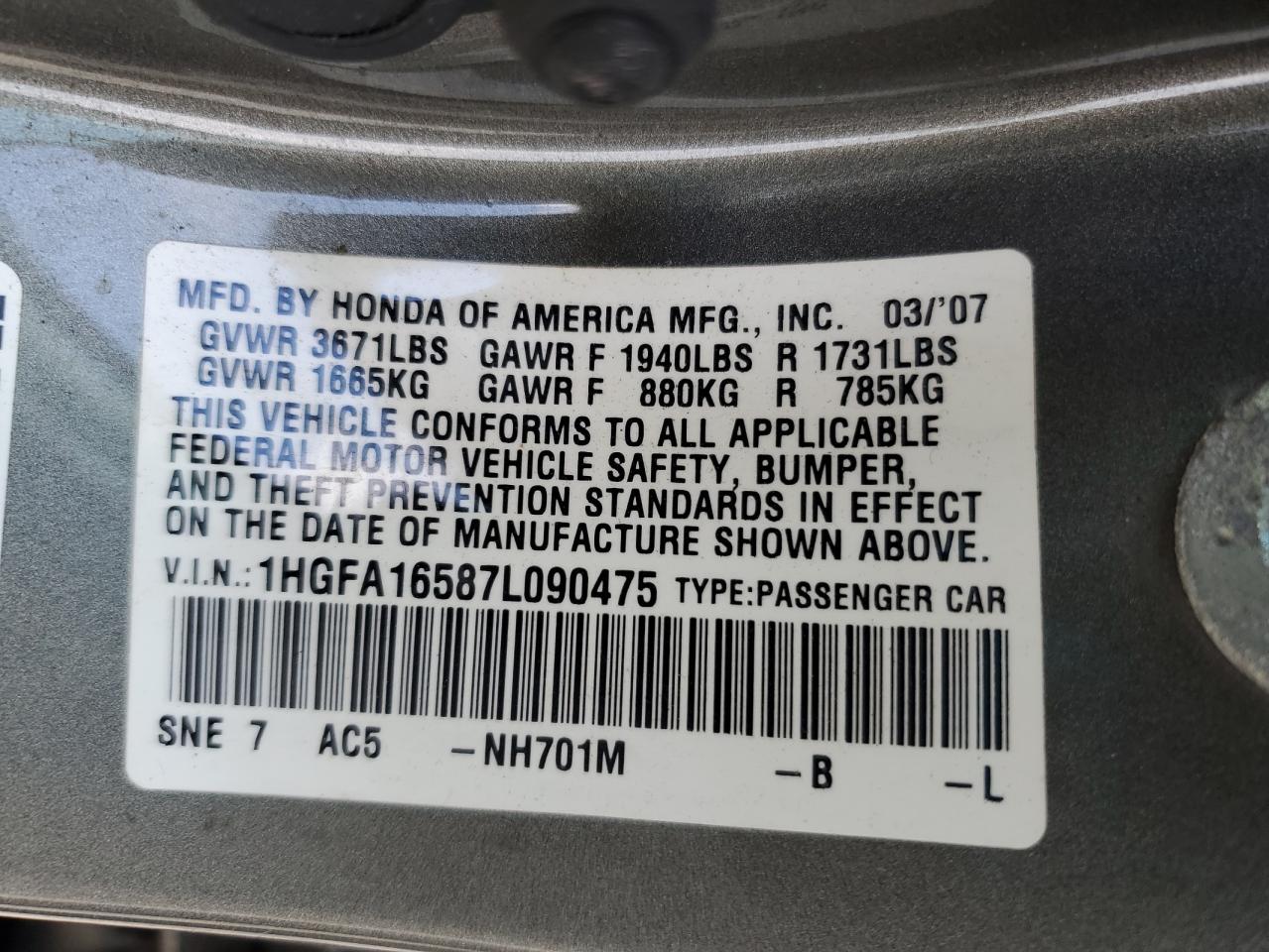 2007 Honda Civic Lx VIN: 1HGFA16587L090475 Lot: 69036665