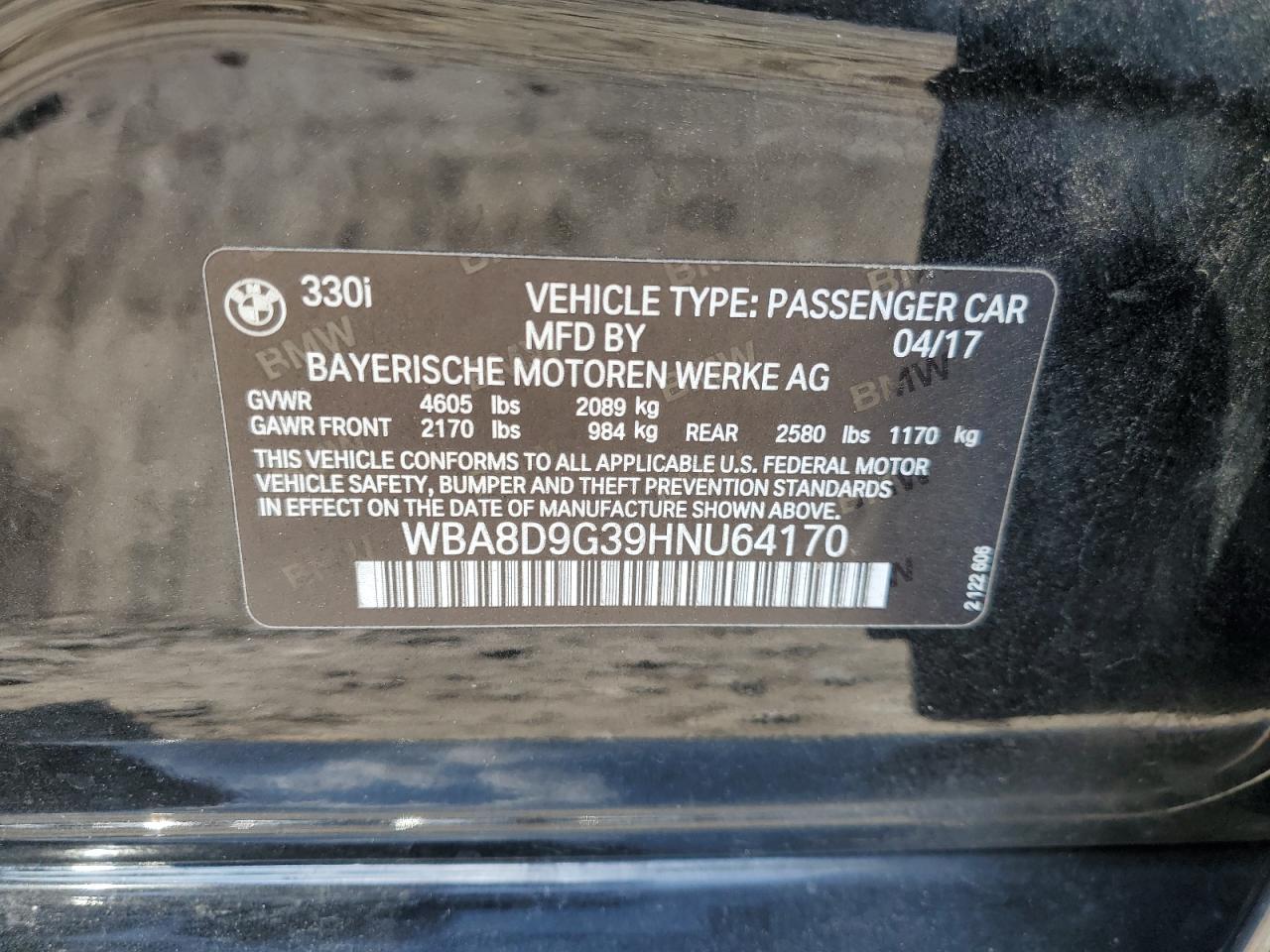 2017 BMW 330 Xi VIN: WBA8D9G39HNU64170 Lot: 68777435
