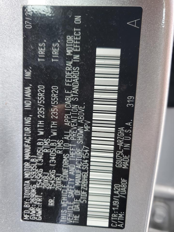 2020 Toyota Highlander Platinum VIN: 5TDFZRBH6LS041547 Lot: 69856105