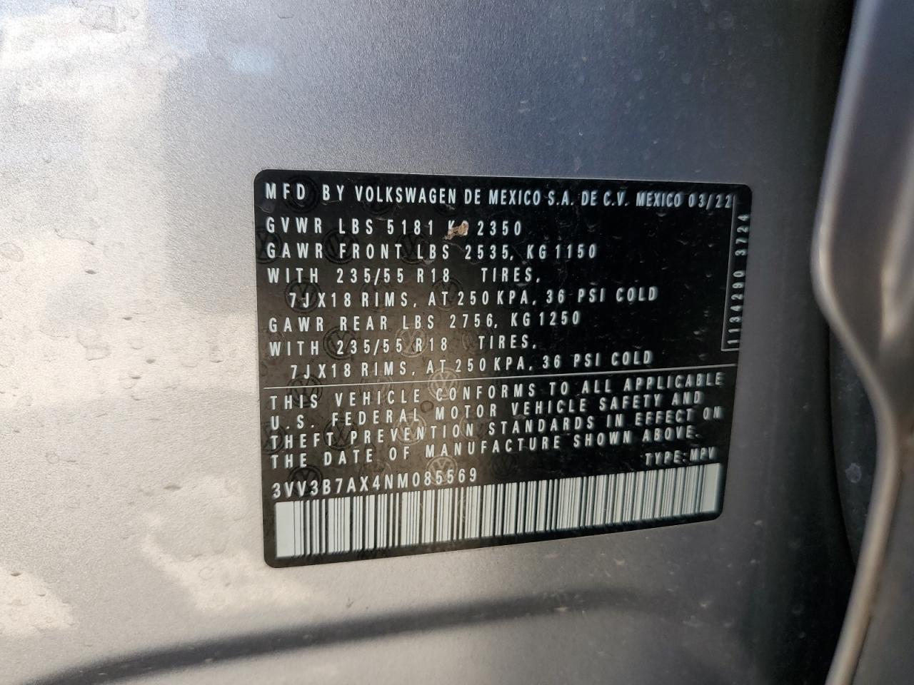 2022 Volkswagen Tiguan Se VIN: 3VV3B7AX4NM085569 Lot: 69962875