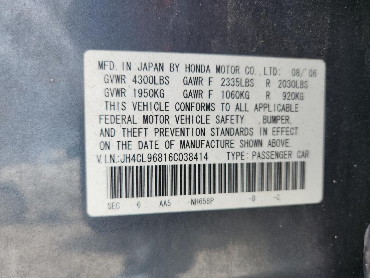 2006 Acura Tsx VIN: JH4CL96816C038414 Lot: 70218985