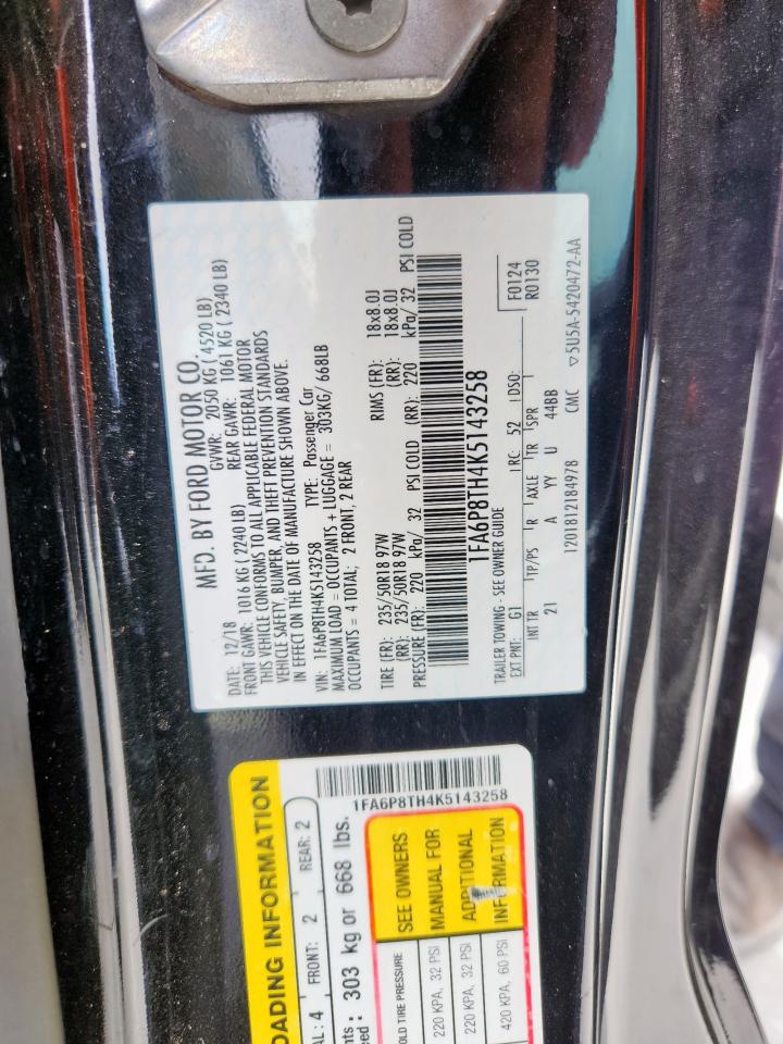 2019 Ford Mustang VIN: 1FA6P8TH4K5143258 Lot: 68691245