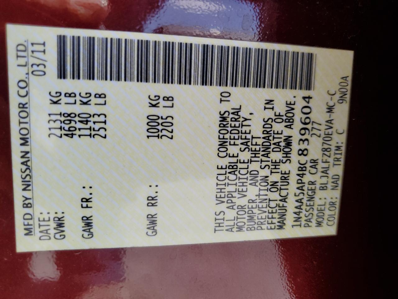 2011 Nissan Maxima S VIN: 1N4AA5AP4BC839604 Lot: 67634315