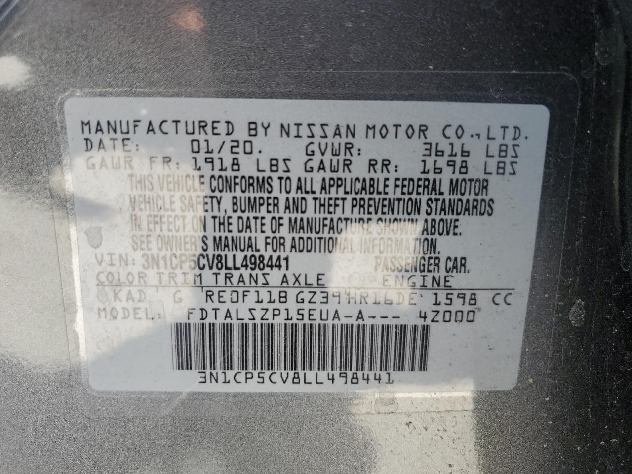 2020 Nissan Kicks Sv VIN: 3N1CP5CV8LL498441 Lot: 70464305