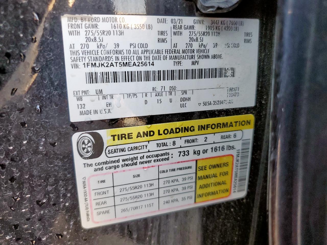 2021 Ford Expedition Max Limited VIN: 1FMJK2AT5MEA25614 Lot: 67955985