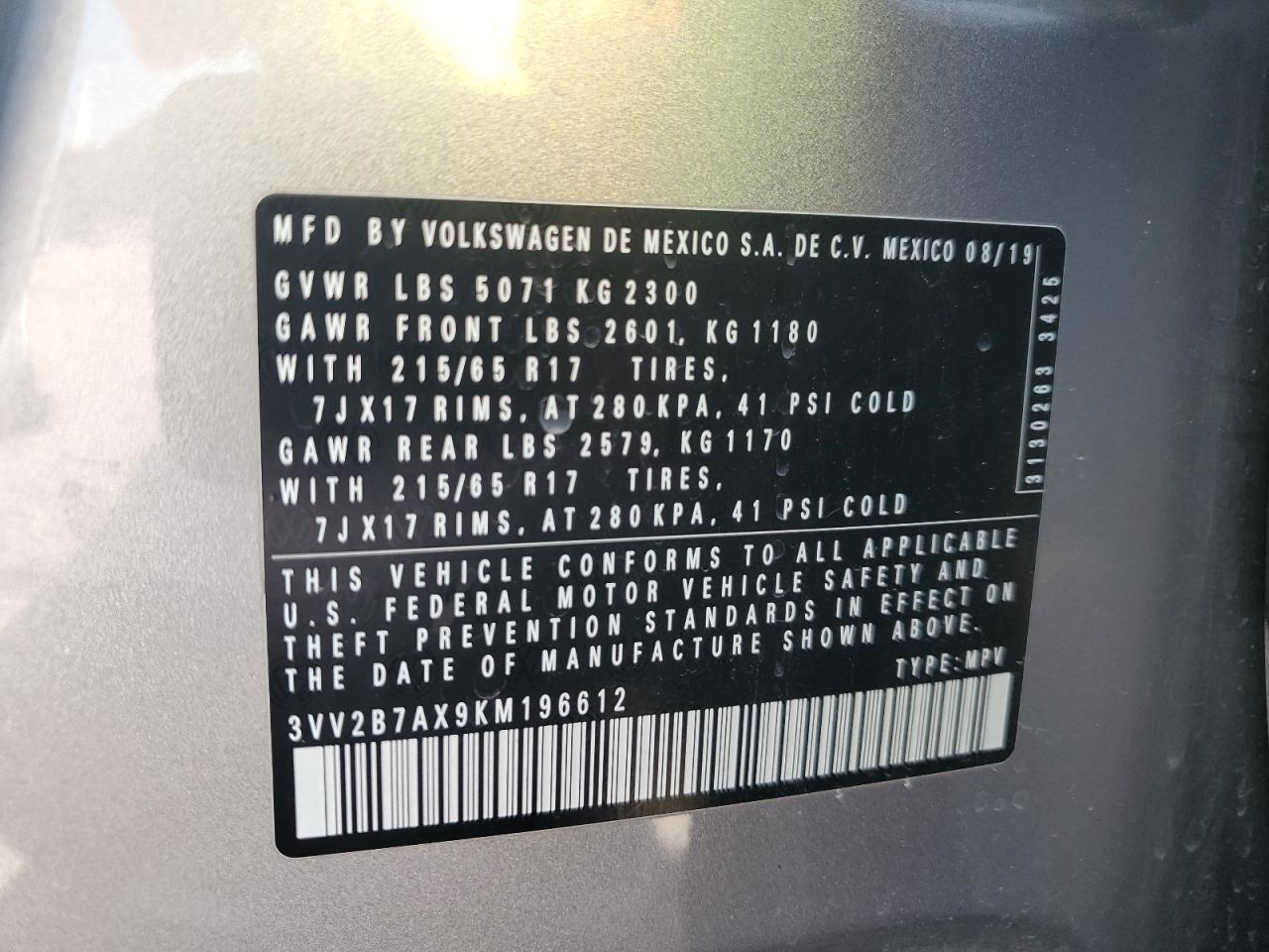 2019 Volkswagen Tiguan Se VIN: 3VV2B7AX9KM196612 Lot: 80328855