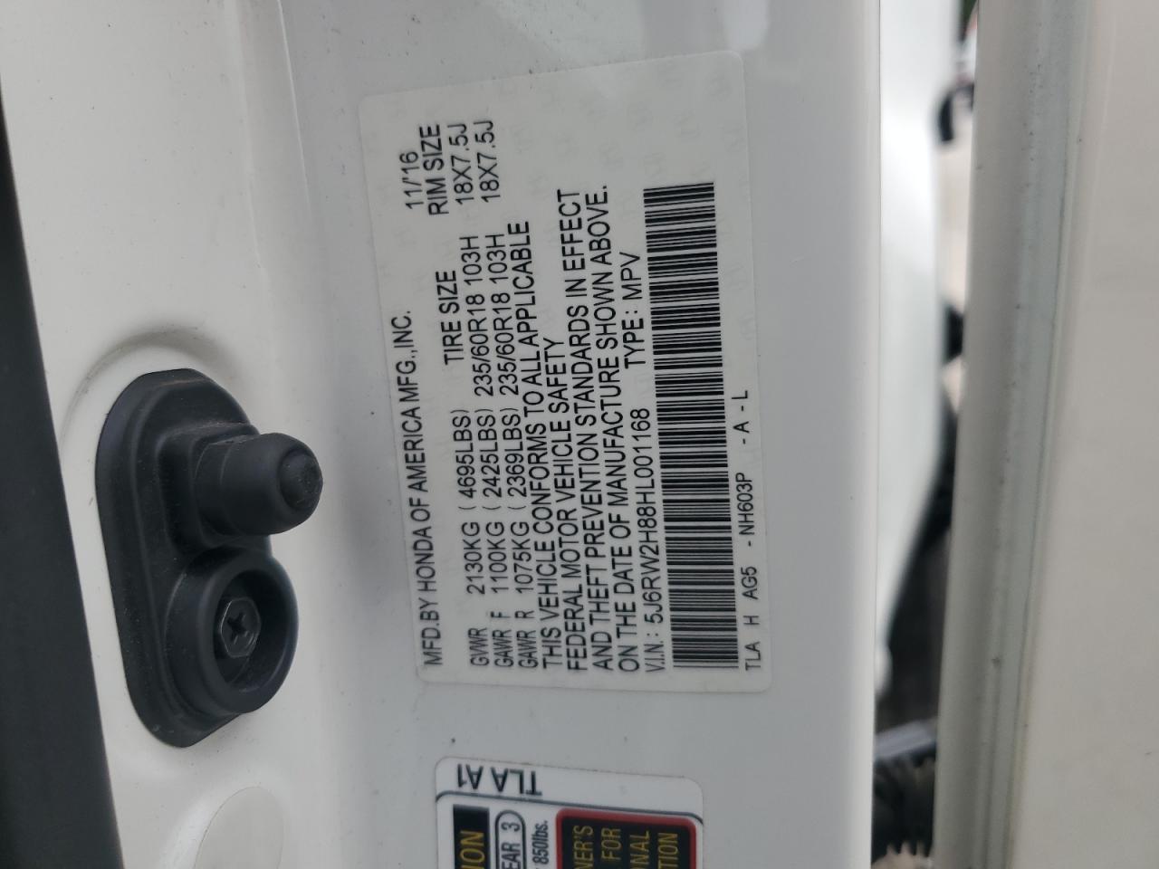 2017 Honda Cr-V Exl VIN: 5J6RW2H88HL001168 Lot: 68012995