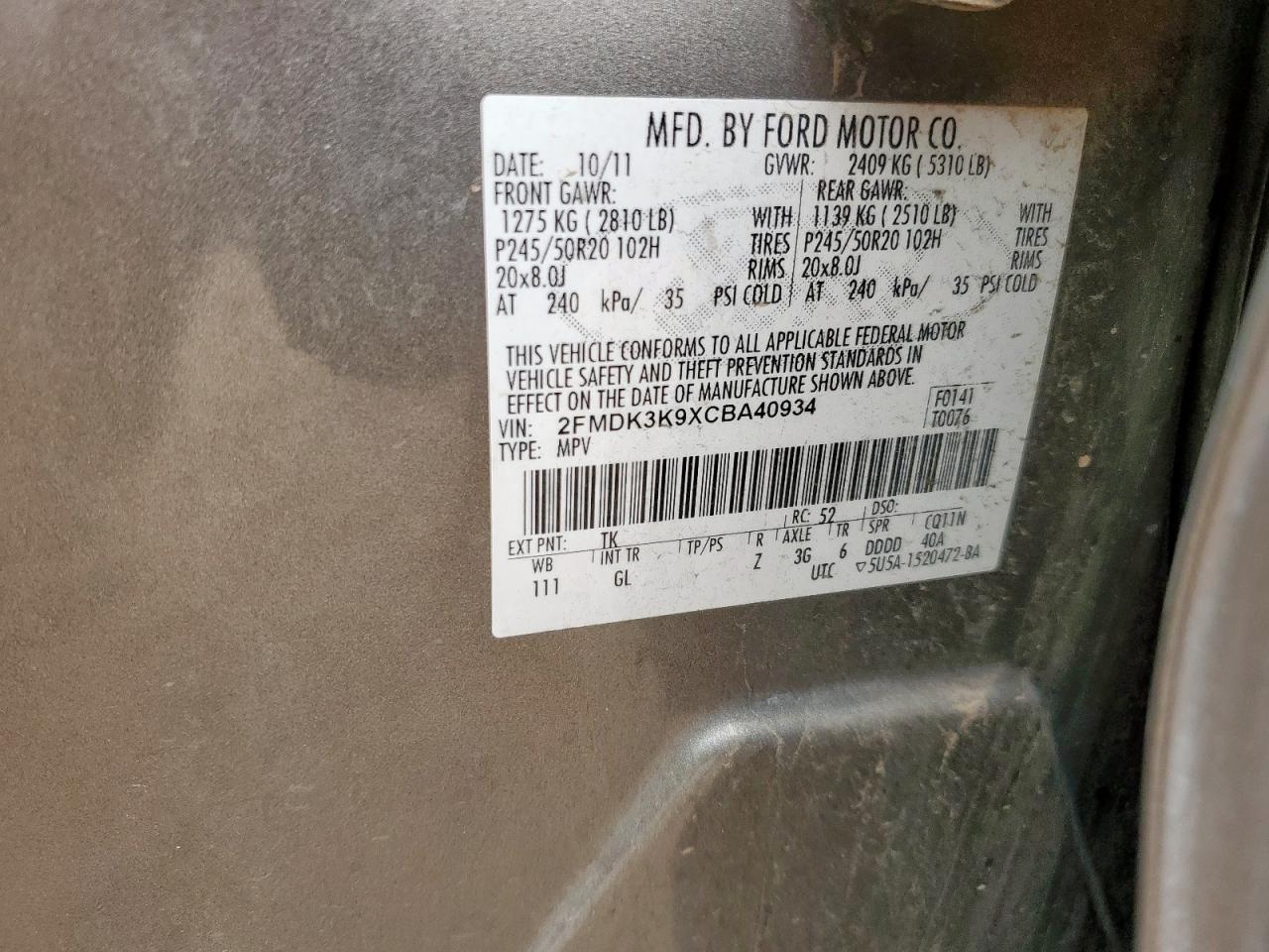 2012 Ford Edge Limited VIN: 2FMDK3K9XCBA40934 Lot: 70341575