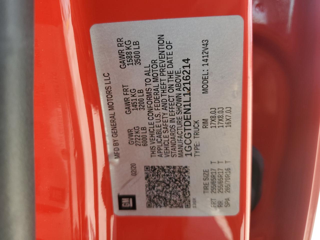 2020 Chevrolet Colorado Z71 VIN: 1GCGTDEN1L1216214 Lot: 69690625