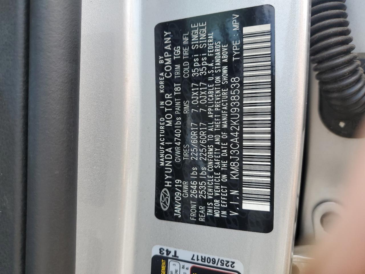 KM8J3CA42KU938538 2019 Hyundai Tucson Limited