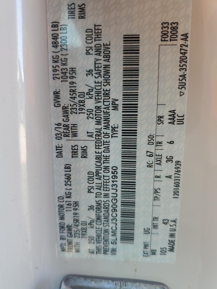 2016 Lincoln Mkc Reserve VIN: 5LMCJ3C90GUJ31950 Lot: 69206945