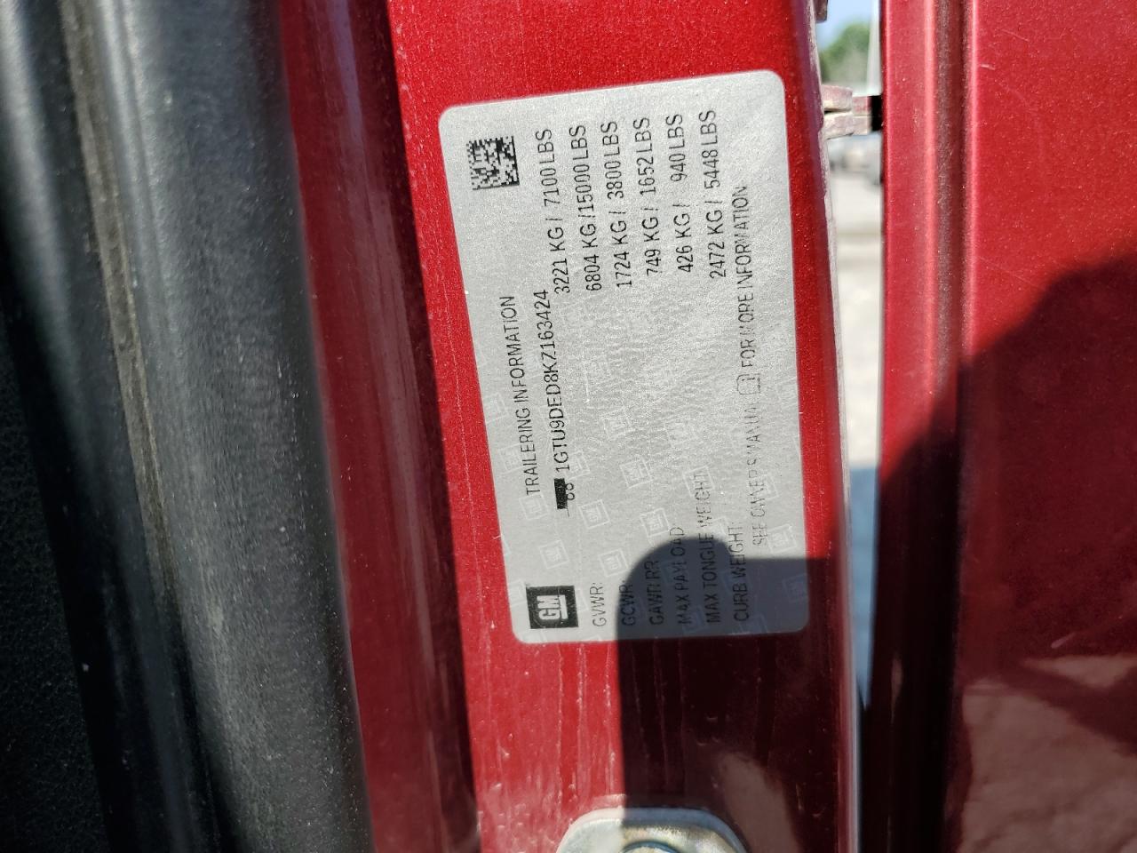 2019 GMC Sierra K1500 Slt VIN: 1GTU9DED8KZ163424 Lot: 67460715