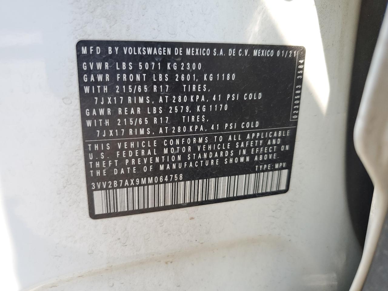 2021 Volkswagen Tiguan Se VIN: 3VV2B7AX9MM064758 Lot: 68151335