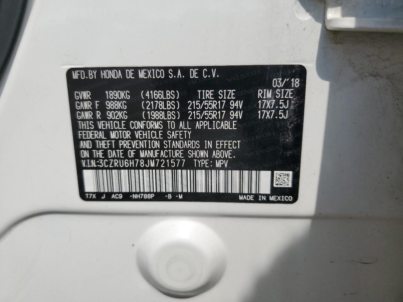 2018 Honda Hr-V Exl VIN: 3CZRU6H78JM721577 Lot: 69813915