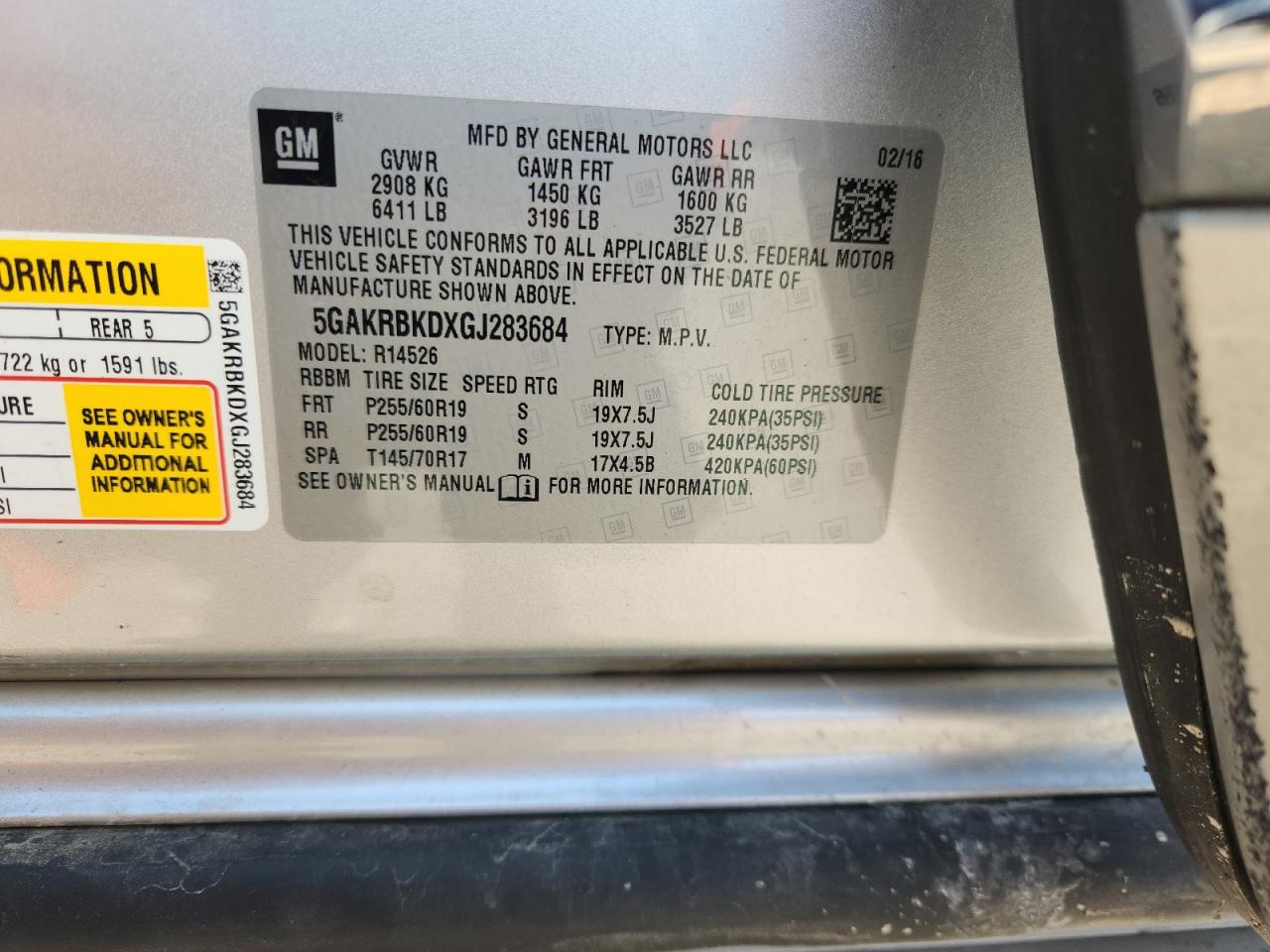 2016 Buick Enclave VIN: 5GAKRBKDXGJ283684 Lot: 70160075