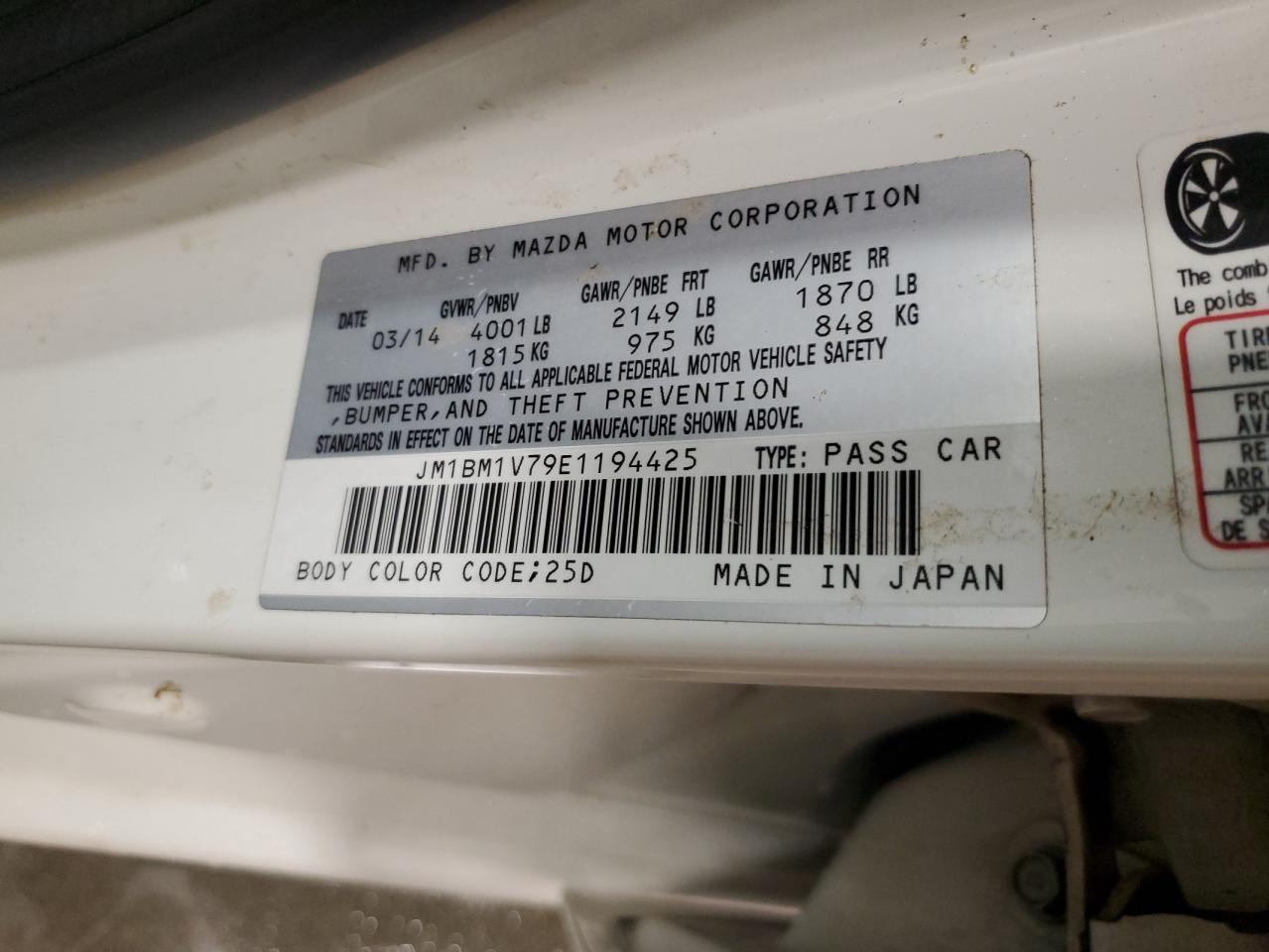 2014 Mazda 3 Touring VIN: JM1BM1V79E1194425 Lot: 66854635