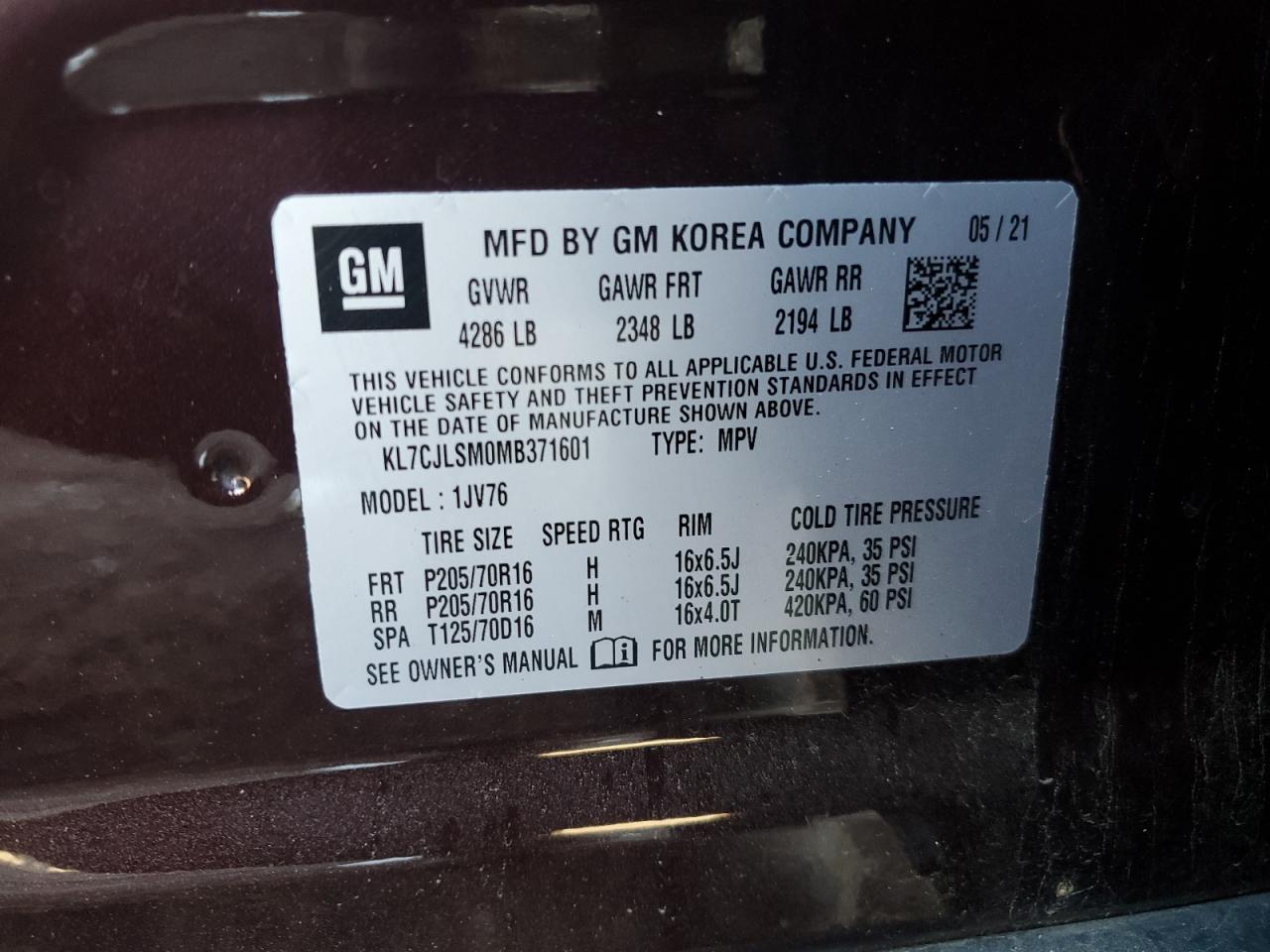 2021 Chevrolet Trax 1Lt VIN: KL7CJLSM0MB371601 Lot: 69796165