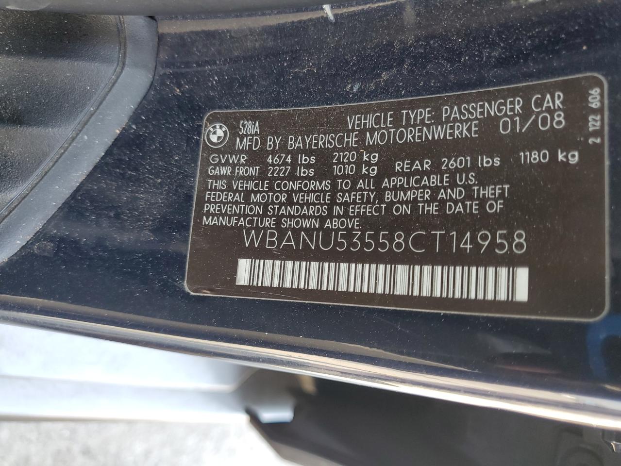 2008 BMW 528 I VIN: WBANU53558CT14958 Lot: 70357845