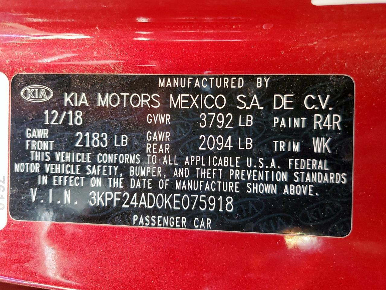2019 Kia Forte Fe VIN: 3KPF24AD0KE075918 Lot: 70887075