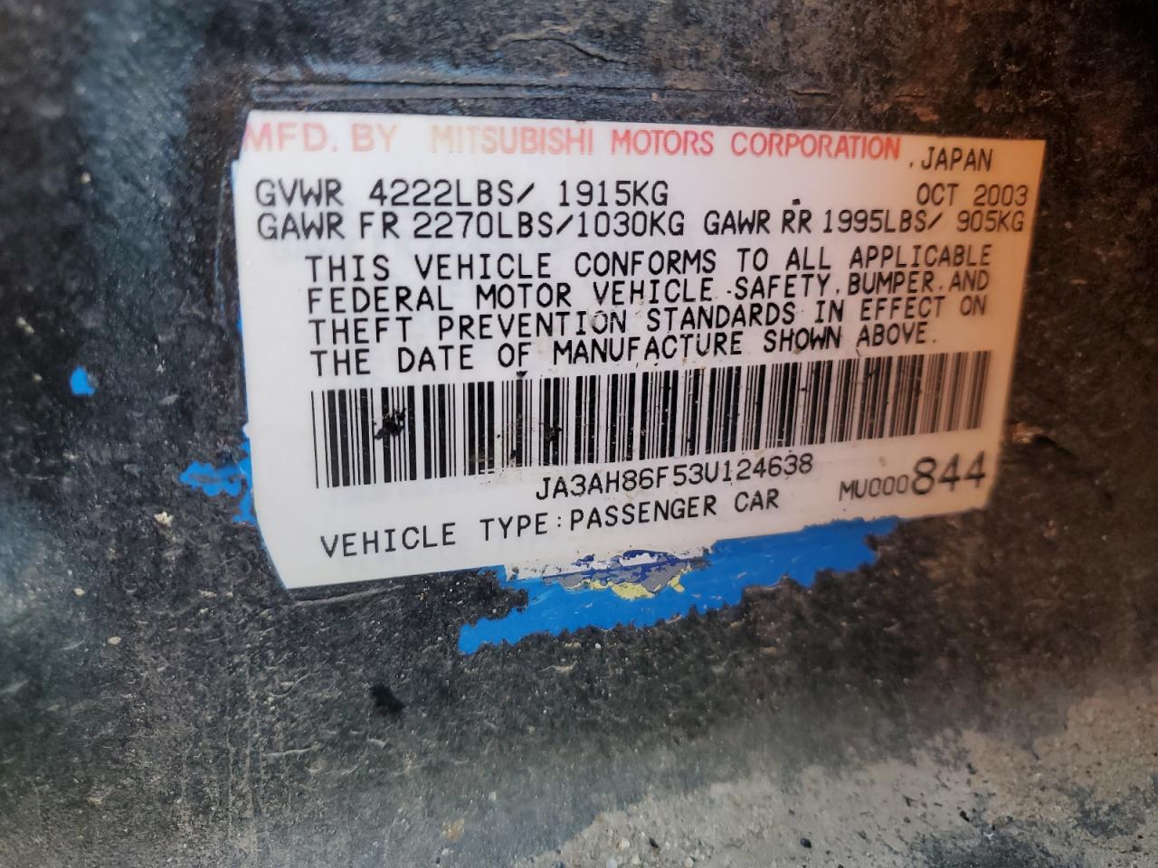 2003 Mitsubishi Lancer Evolution VIN: JA3AH86F53U124638 Lot: 65942465
