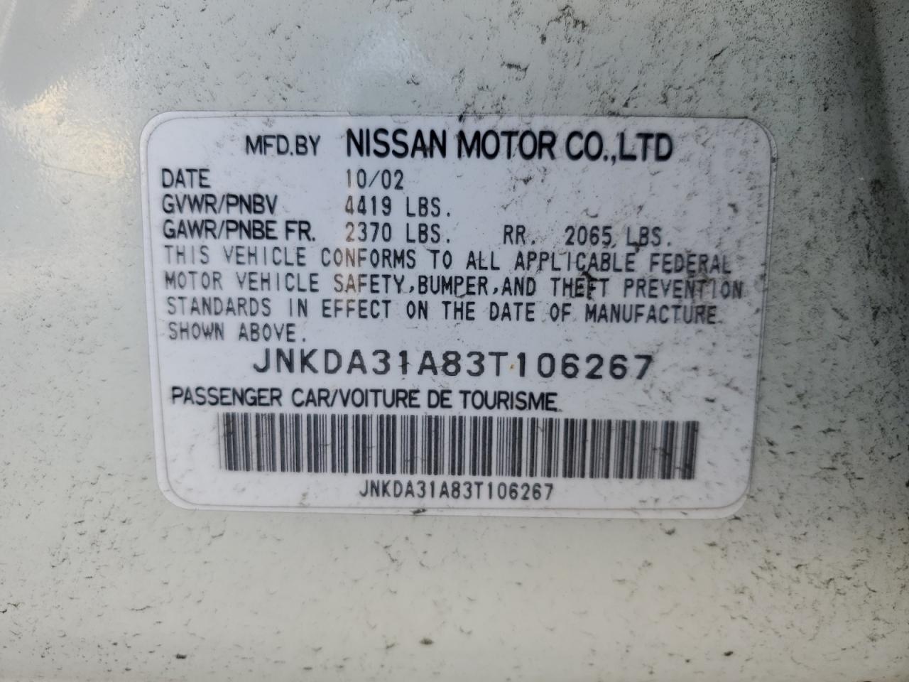 2003 Infiniti I35 VIN: JNKDA31A83T106267 Lot: 67676565