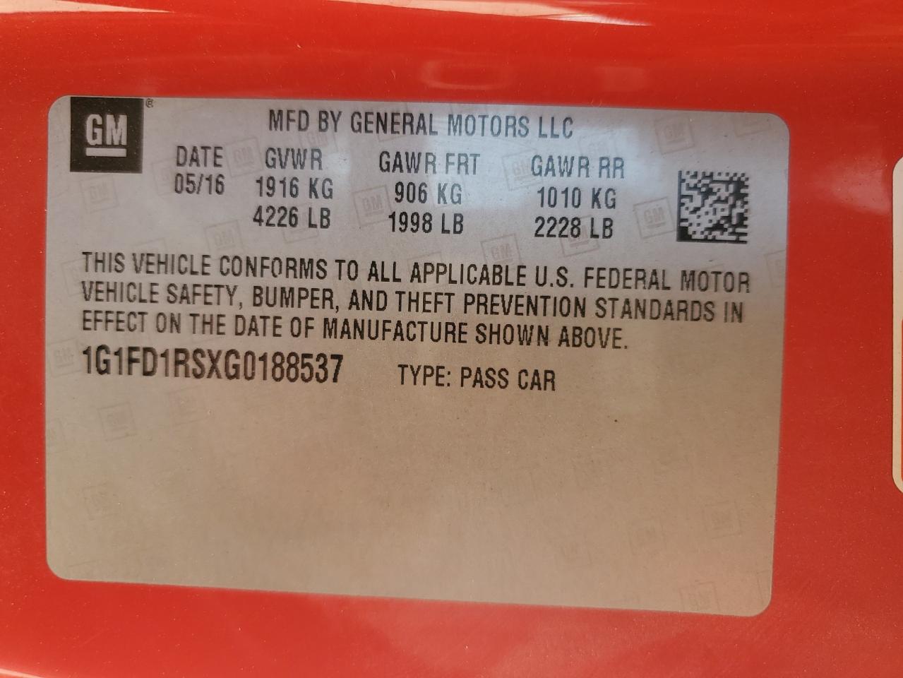 2016 Chevrolet Camaro Lt VIN: 1G1FD1RSXG0188537 Lot: 70020765
