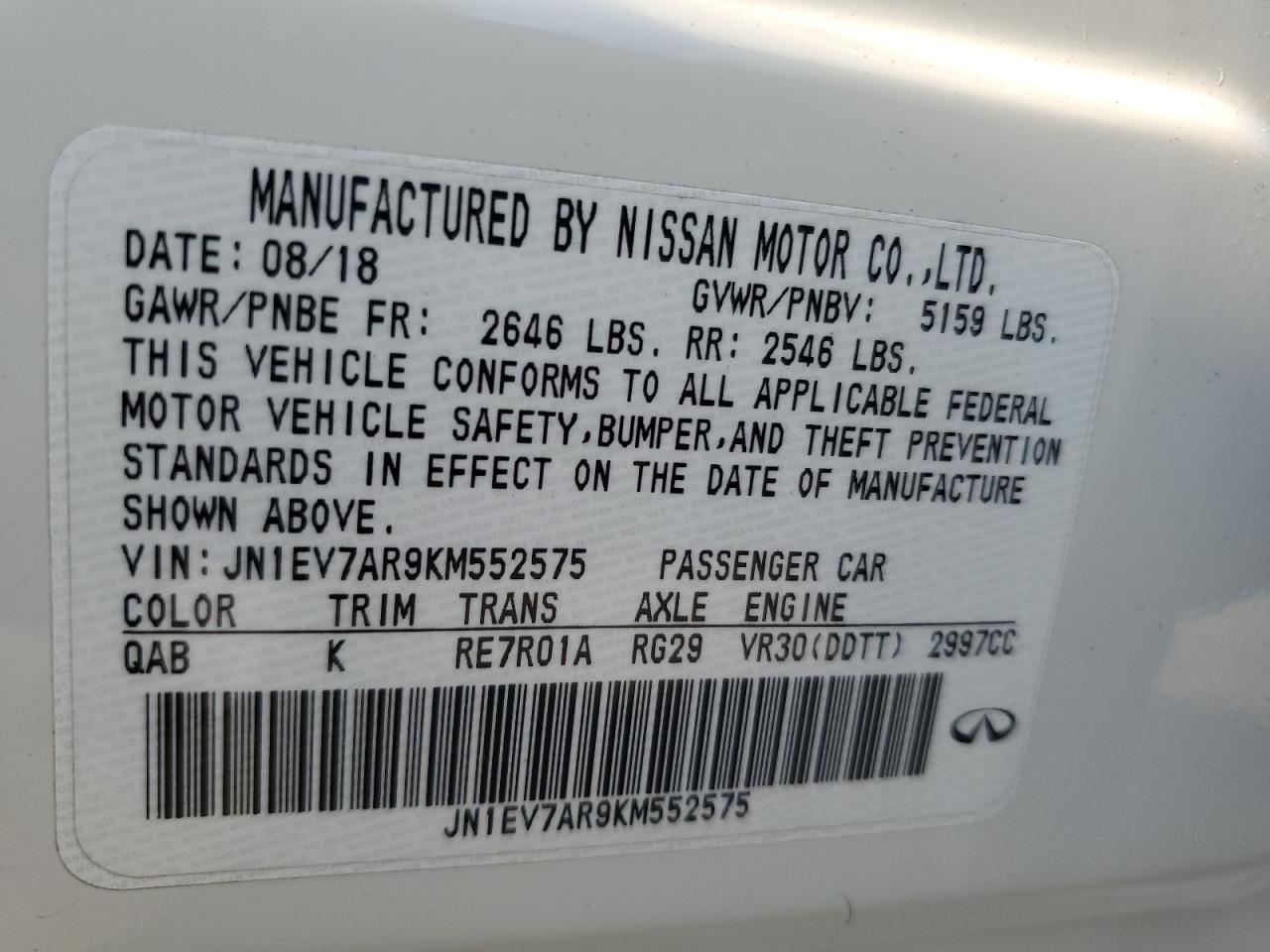 2019 Infiniti Q50 Luxe VIN: JN1EV7AR9KM552575 Lot: 68694265