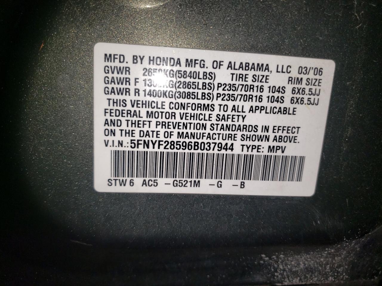 2006 Honda Pilot Ex VIN: 5FNYF28596B037944 Lot: 69522685