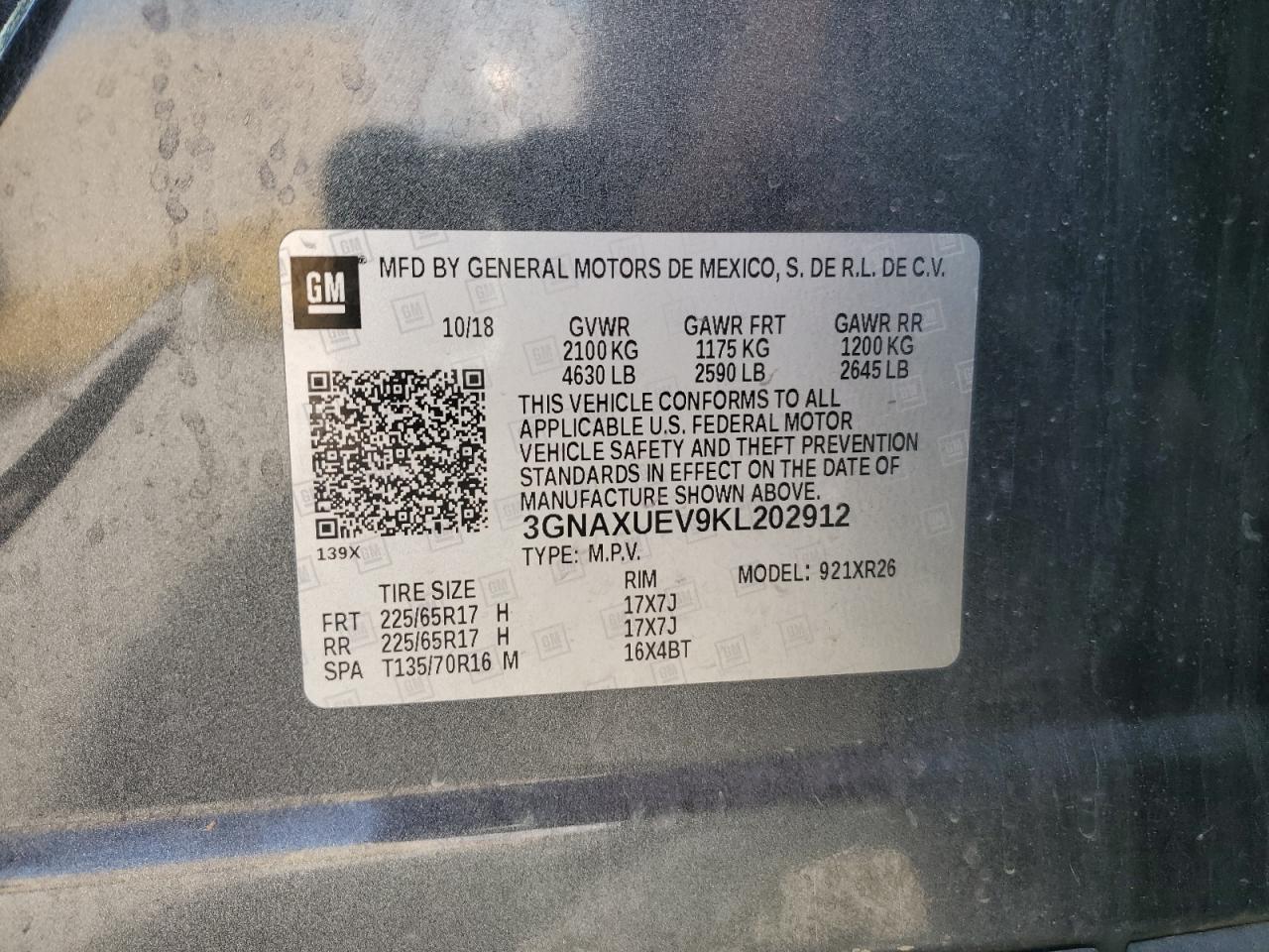 2019 Chevrolet Equinox Lt VIN: 3GNAXUEV9KL202912 Lot: 69614685