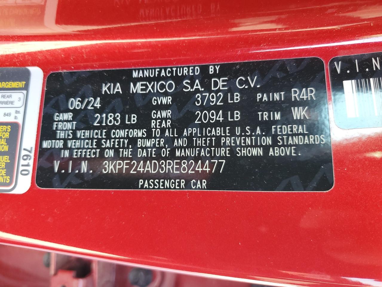 2024 Kia Forte Lx VIN: 3KPF24AD3RE824477 Lot: 70213675