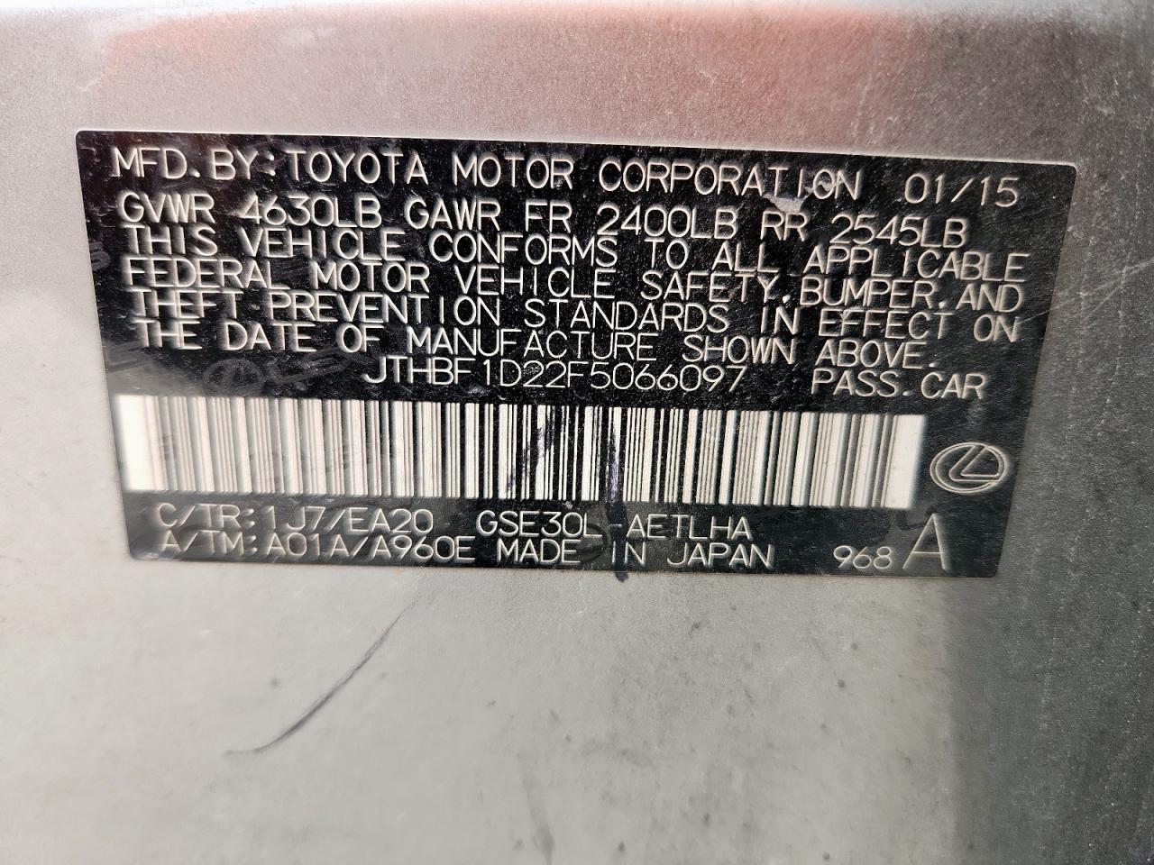 2015 Lexus Is 250 VIN: JTHBF1D22F5066097 Lot: 70890285