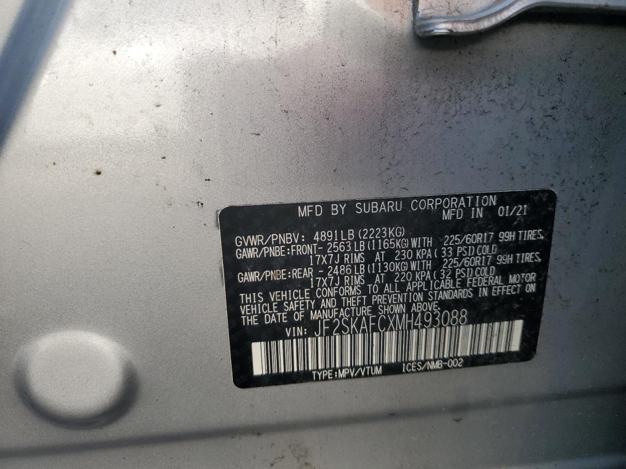 2021 Subaru Forester Premium VIN: JF2SKAFCXMH493088 Lot: 67615285