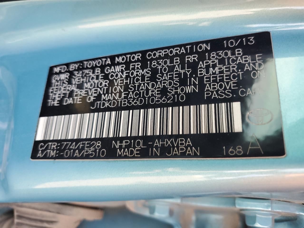 2013 Toyota Prius C VIN: JTDKDTB36D1056210 Lot: 68711645