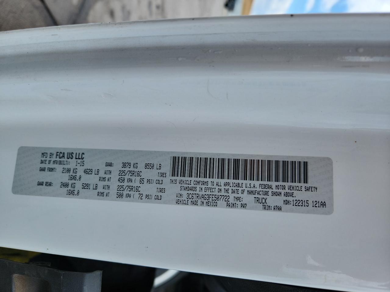 2015 Ram Promaster Cargo Van VIN: 3C6TRVAG3FE507722 Lot: 70997755