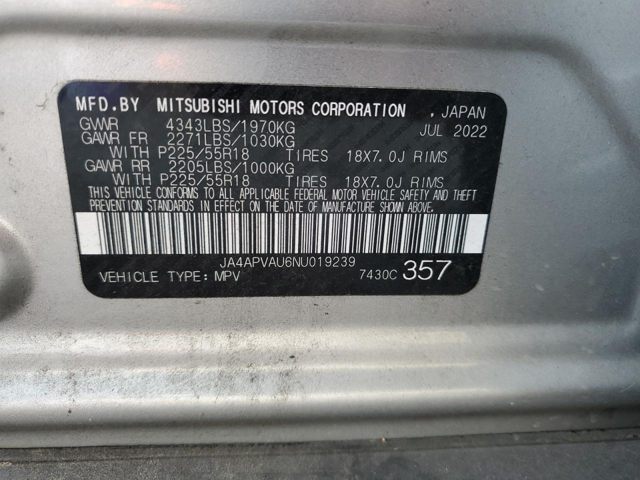 2022 Mitsubishi Outlander Sport Se VIN: JA4APVAU6NU019239 Lot: 67367645