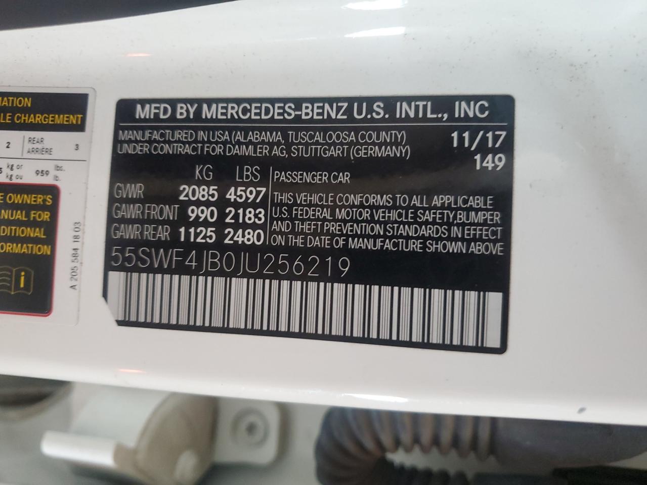 2018 Mercedes-Benz C 300 VIN: 55SWF4JB0JU256219 Lot: 69119005