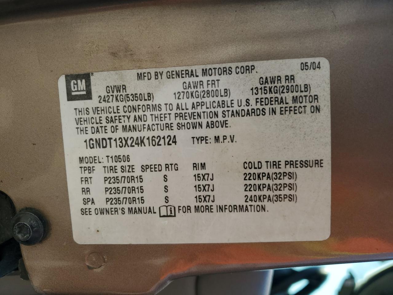 2004 Chevrolet Blazer VIN: 1GNDT13X24K162124 Lot: 69428095