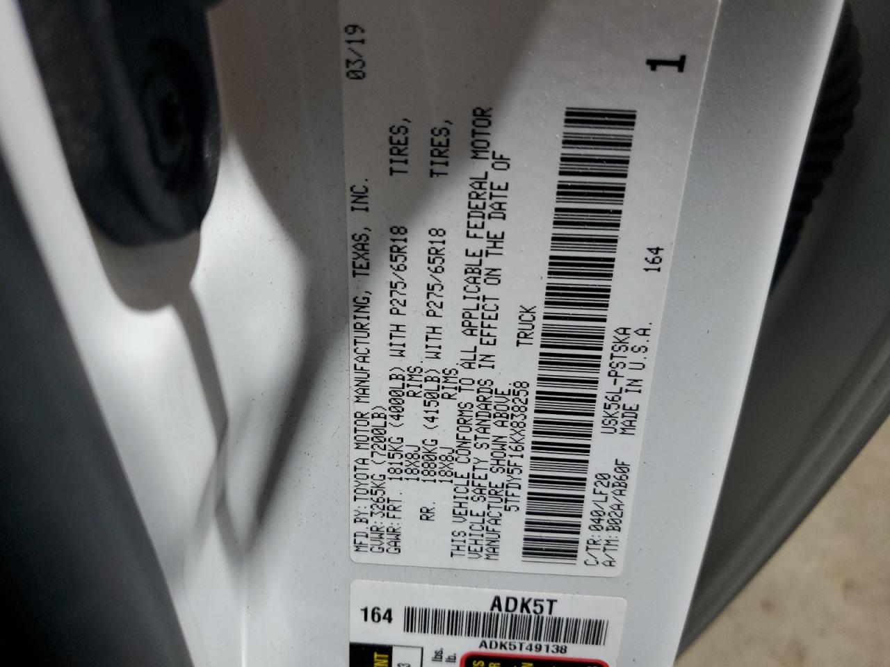 2019 Toyota Tundra Crewmax Sr5 VIN: 5TFDY5F16KX838258 Lot: 70264595