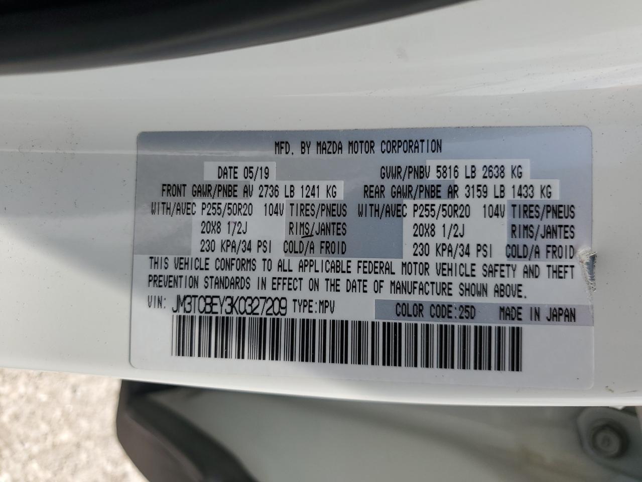 2019 Mazda Cx-9 Signature VIN: JM3TCBEY3K0327209 Lot: 68362115