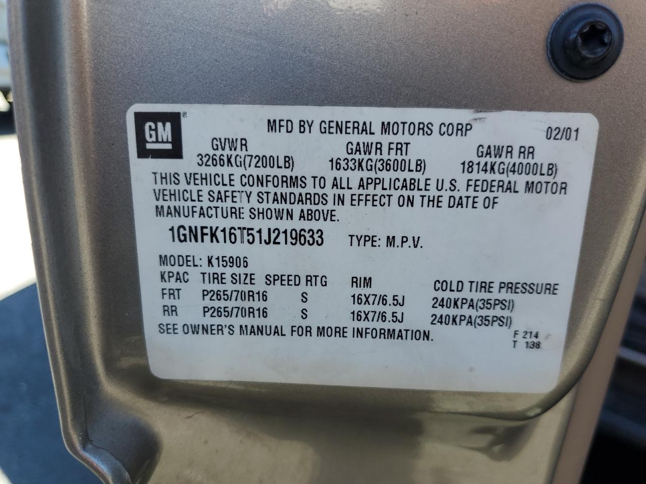 2001 Chevrolet Suburban K1500 VIN: 1GNFK16T51J219633 Lot: 69484805