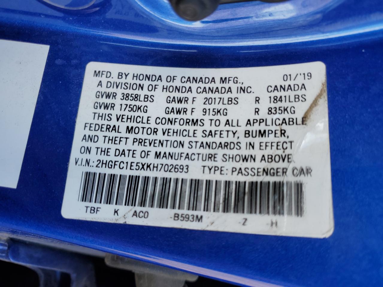 2019 Honda Civic Si VIN: 2HGFC1E5XKH702693 Lot: 70676105