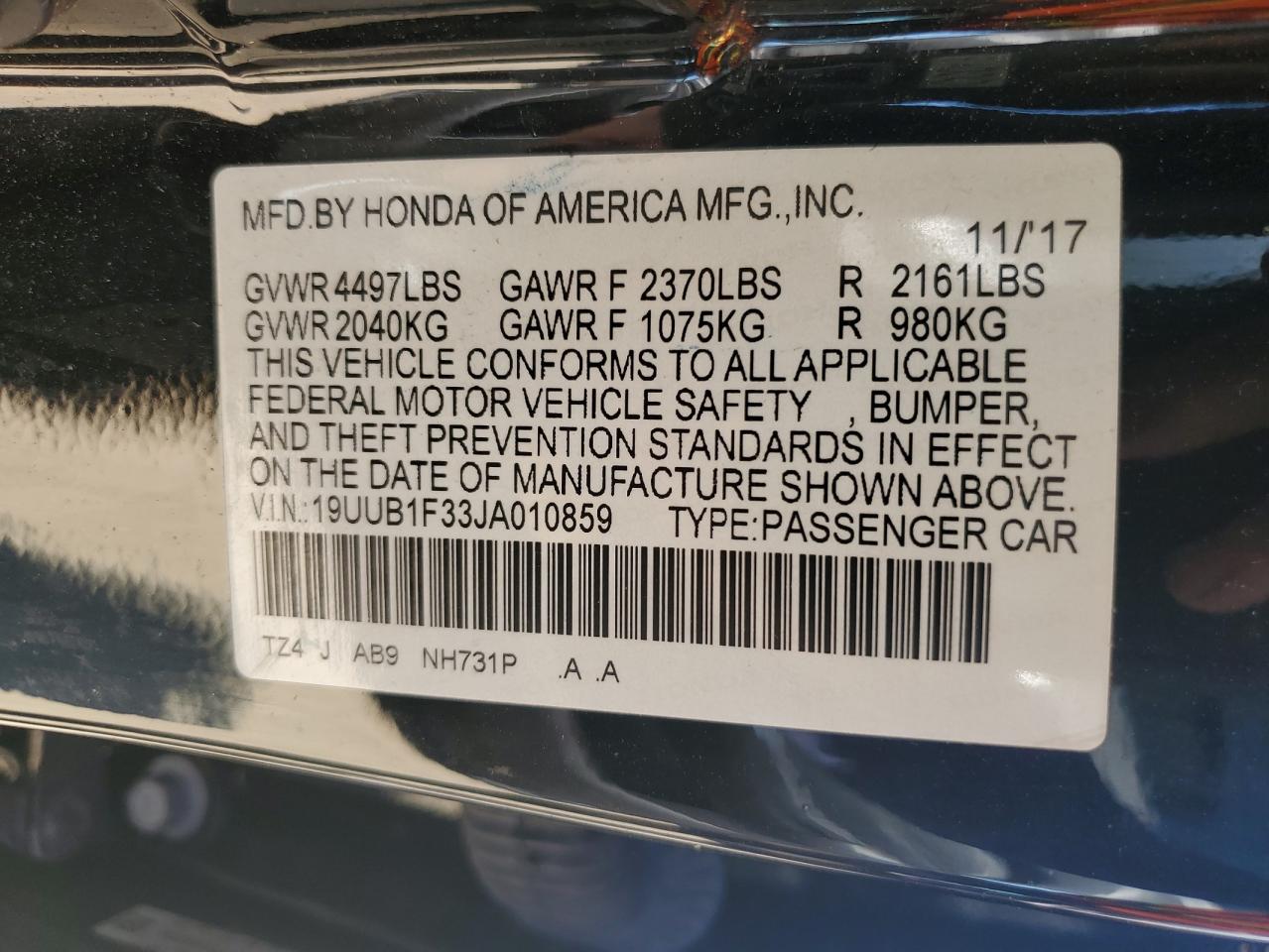 2018 Acura Tlx VIN: 19UUB1F33JA010859 Lot: 70480075