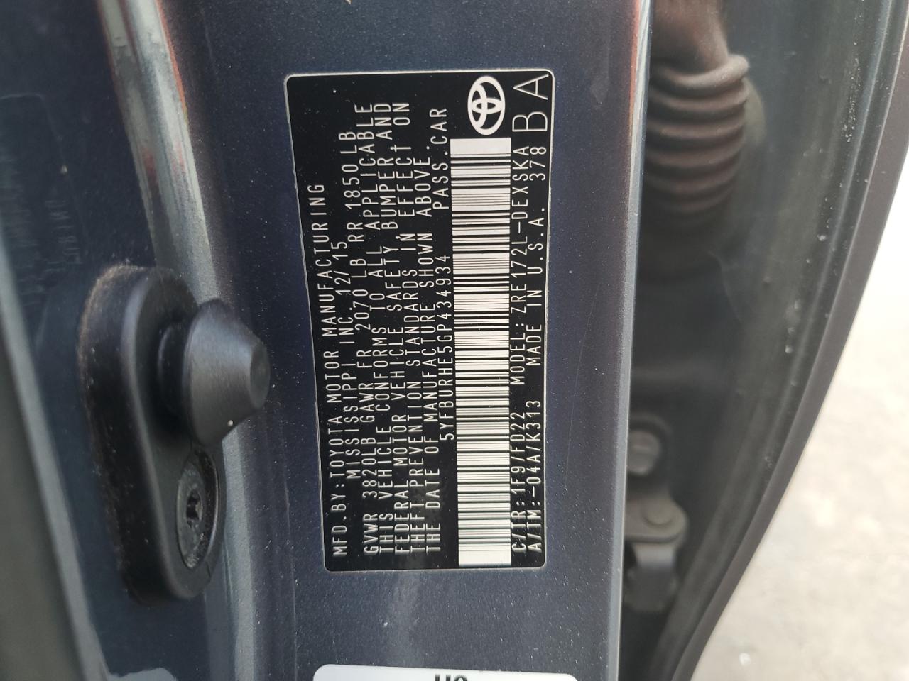 2016 Toyota Corolla L VIN: 5YFBURHE5GP434934 Lot: 68673075