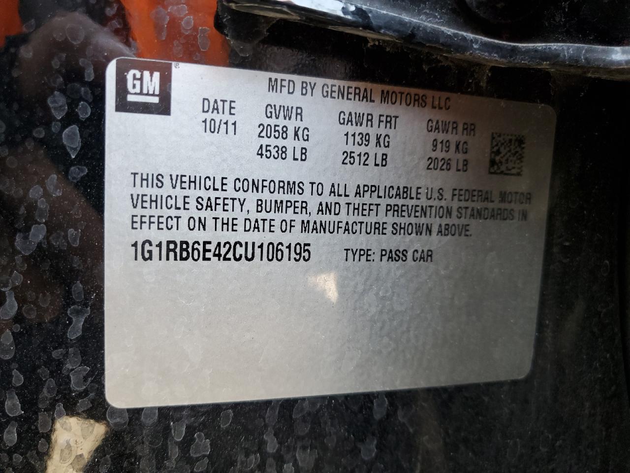 2012 Chevrolet Volt VIN: 1G1RB6E42CU106195 Lot: 68221035