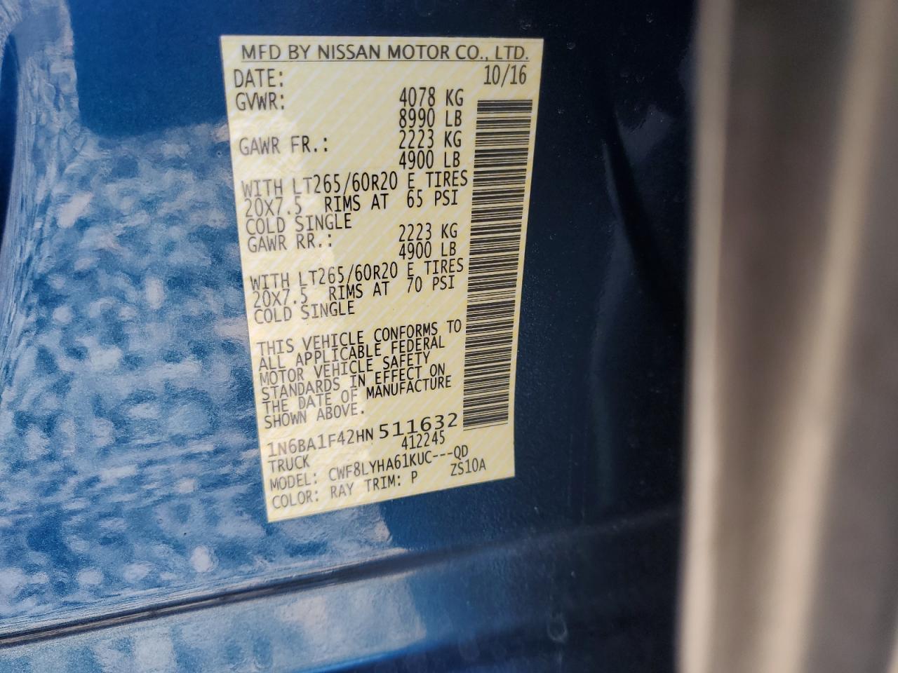 2017 Nissan Titan Xd Sl VIN: 1N6BA1F42HN511632 Lot: 70260055