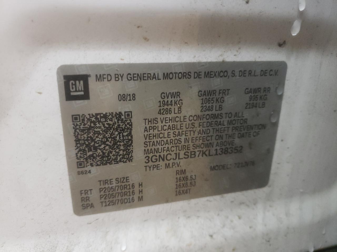 2019 Chevrolet Trax 1Lt VIN: 3GNCJLSB7KL138352 Lot: 67559655