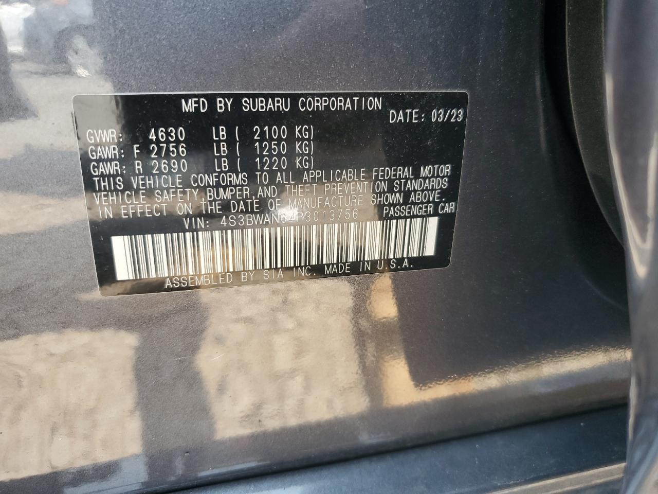 2023 Subaru Legacy Limited VIN: 4S3BWAN64P3013756 Lot: 66988475