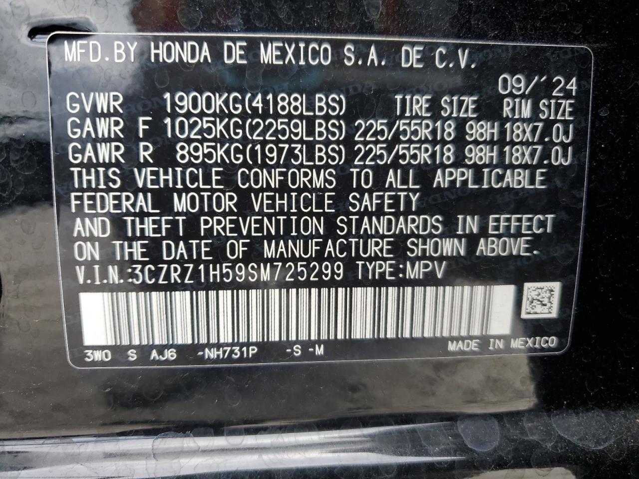2025 Honda Hr-V Sport VIN: 3CZRZ1H59SM725299 Lot: 70713505